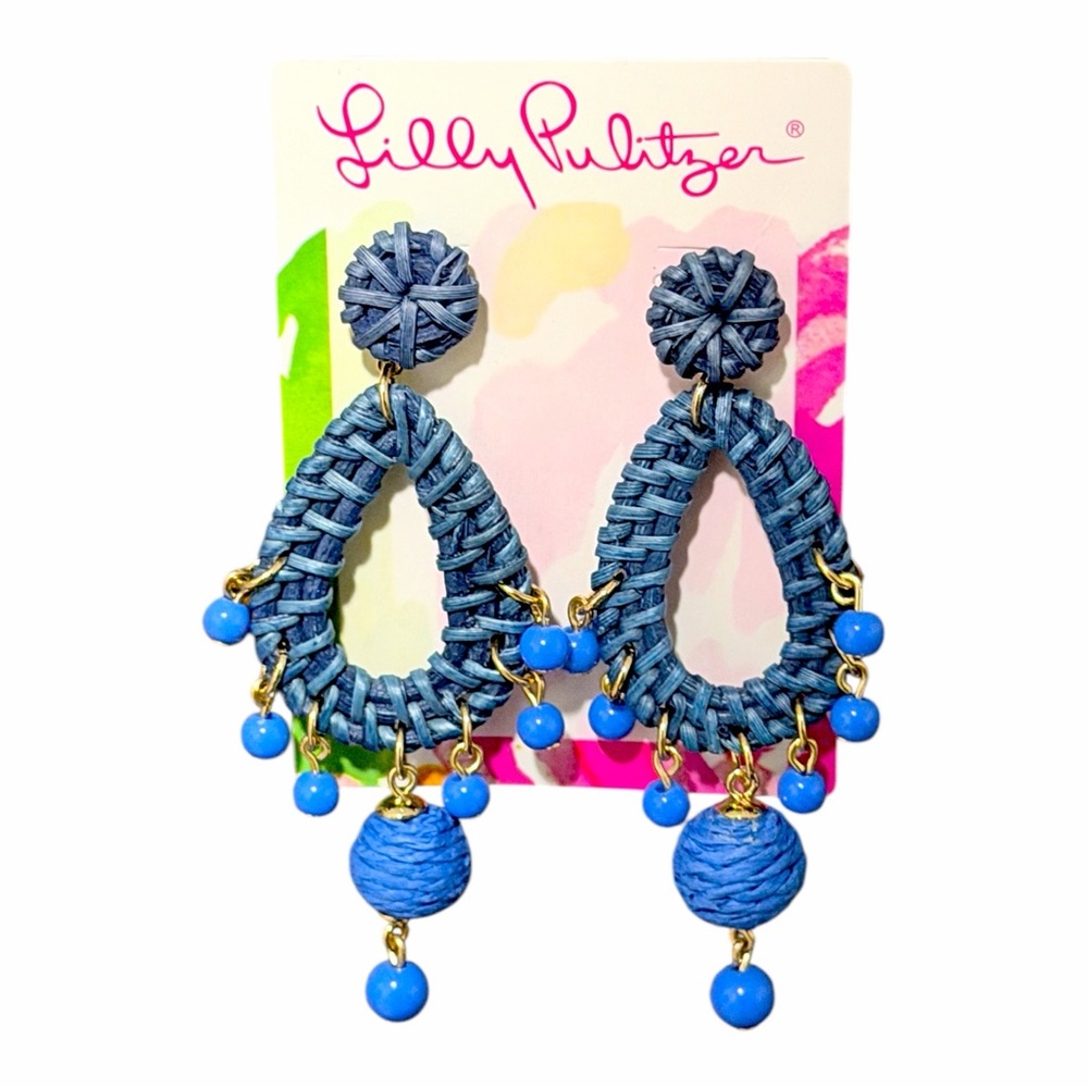 NEW Lilly Pulitzer Beaded Raffia Drop Earrings Alba Blue - Picture 4 of 5